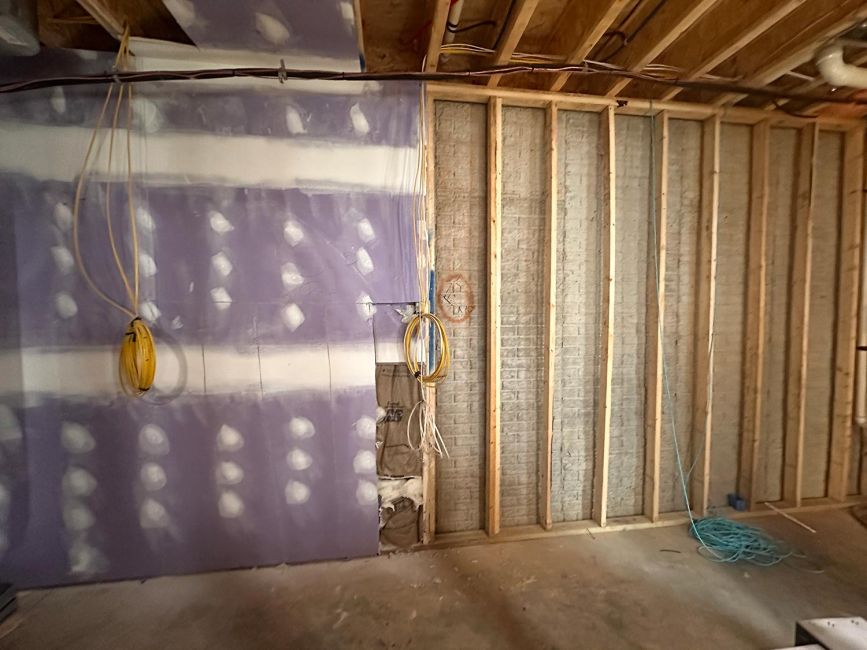 Unfinished basement wall with purple drywall panels next to exposed wooden studs