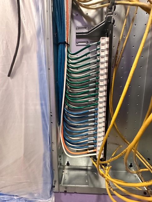 Close-up of green and blue network cables neatly labeled and connected to a patch panel
