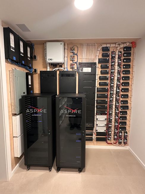 Equipment racks, electrical panel, and organized wiring on a plywood utility wall
